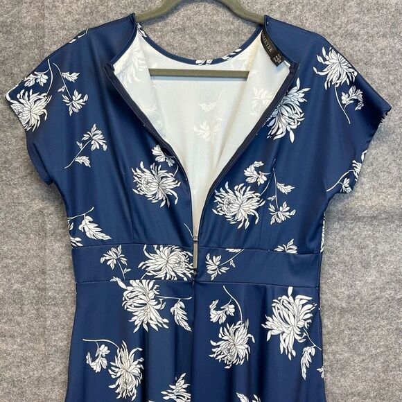 HOMEYEE Dress Size 2XL Blue White Floral Round Neck Midi A-Line Pleated Swing - Picture 12 of 16